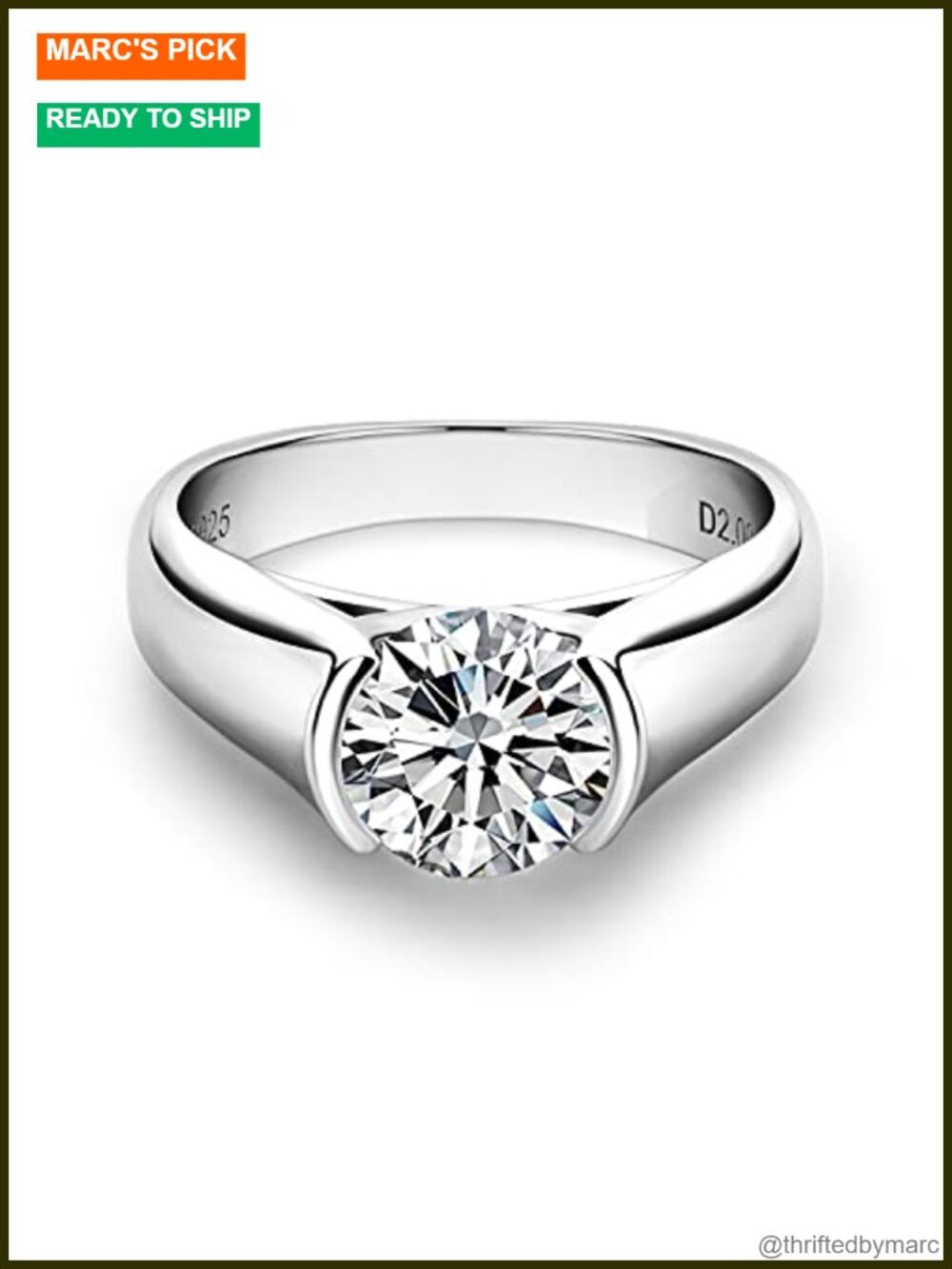 Moissanite Half Bezel Promise Ring Platinum Plated Silver Engagement